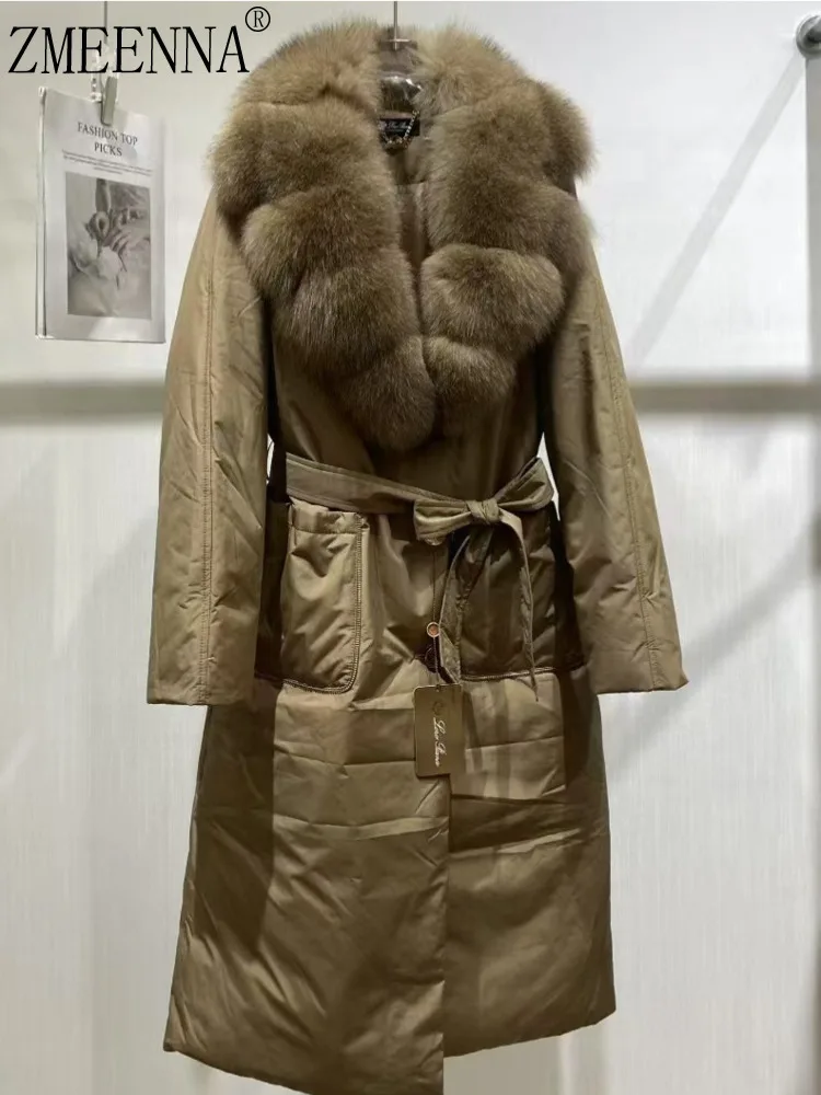 

ZMEENNA Women's Elegant Winter Down Coat With Large Faux Fur Collar And Belted Waist Long Puffer Jacket Chic ZM3793