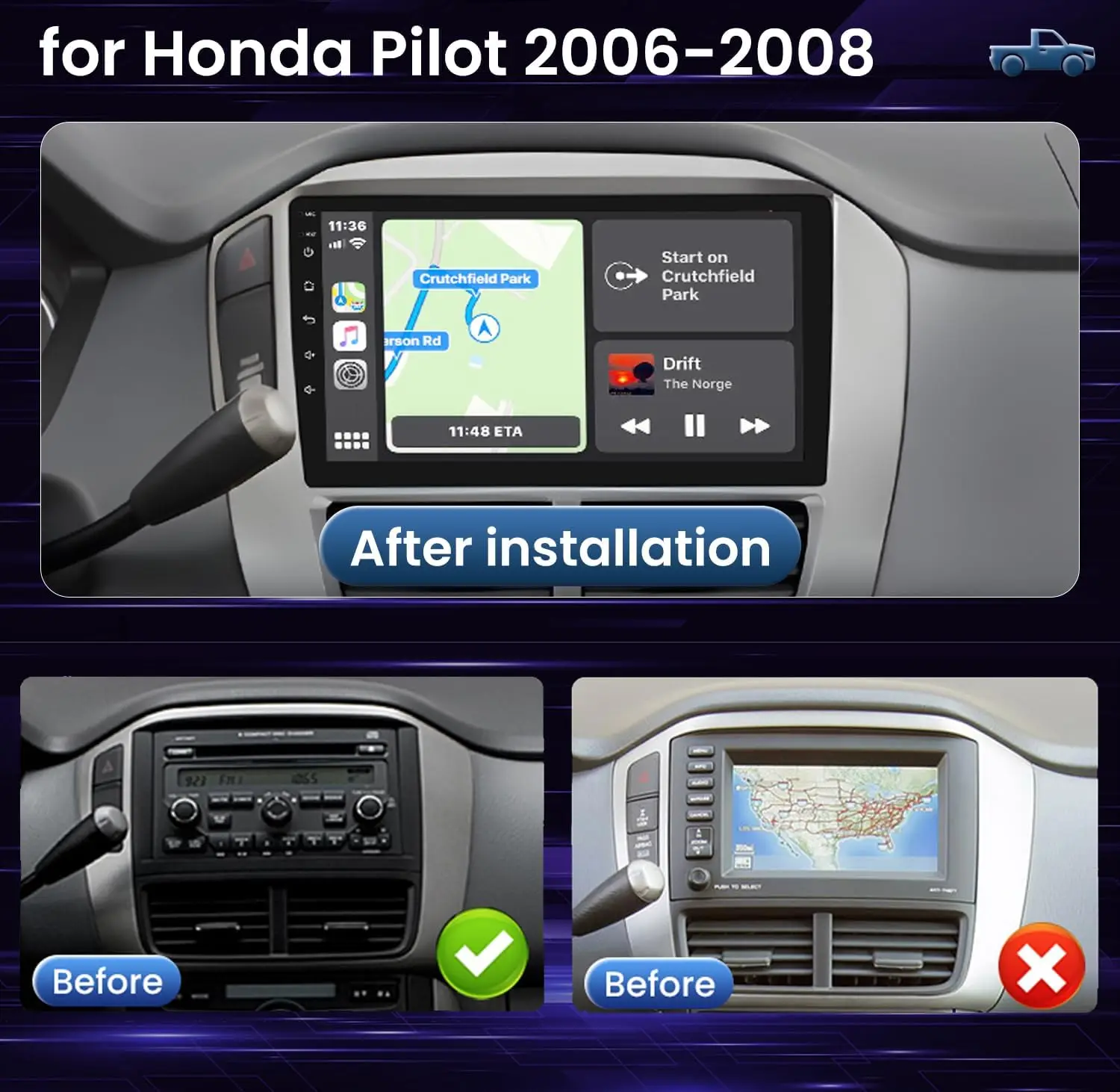 Rádio automotivo Android 13 de 8 núcleos 4 + 32G para Honda Pilot 2006-2008, tela sensível ao toque HD de 9', CarPlay, Android Auto, GPS, Bluetooth 5.0, WiFi,