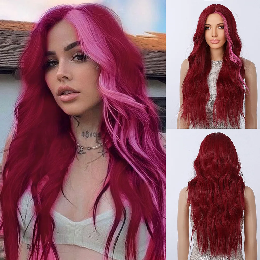 

European and American fashion pink long curly hair burgundy pick pink synthetic mechanism wig big wave whole wig hairstyle