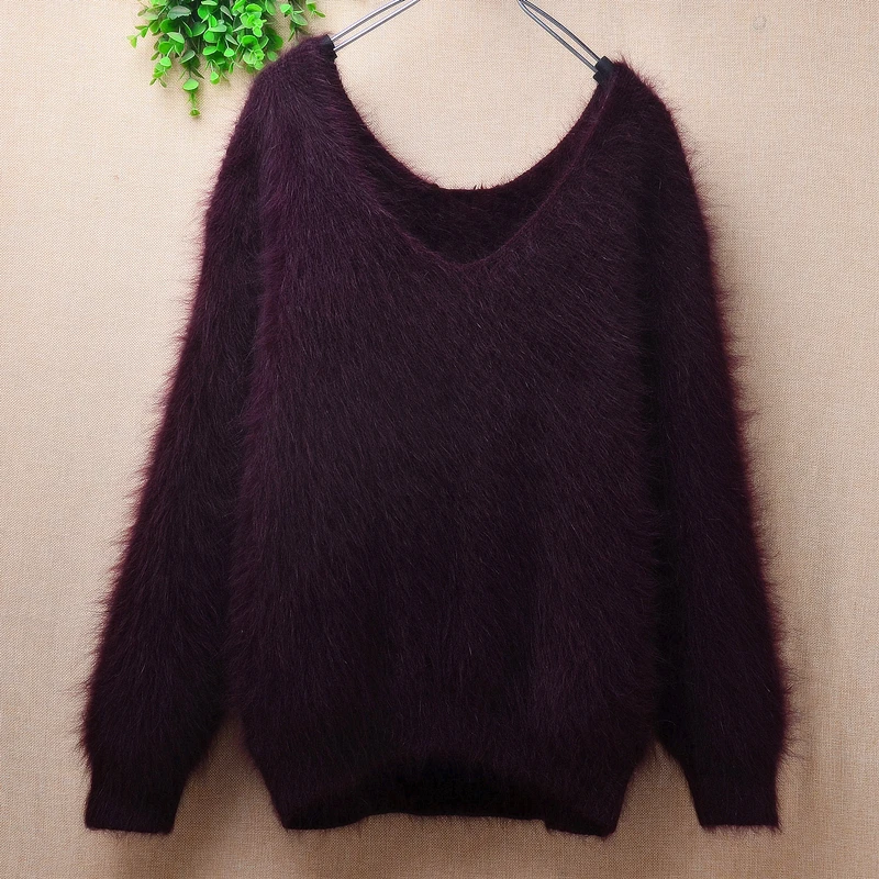 Female Women Fall Winter Clothing Hairy Plush Mink Cashmere Knitted V-Neck Long Sleeves Slim Blouses Pullover Jumper Sweater Top