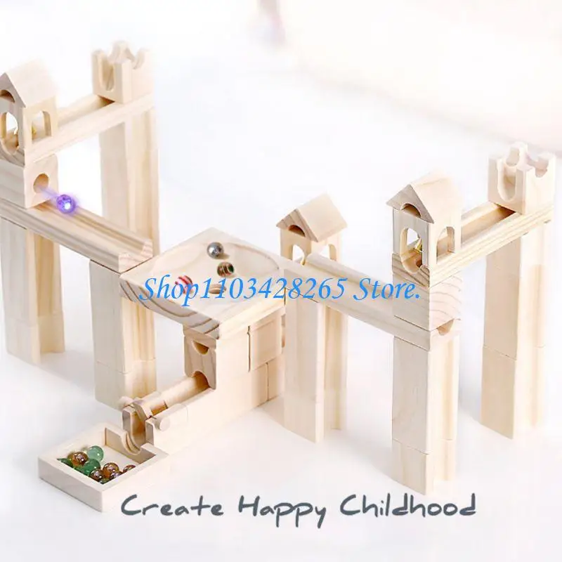 60pcs Wooden Marble Track Assembly Building Blocks Ball Puzzle Children Educational Kids Gift G2TE