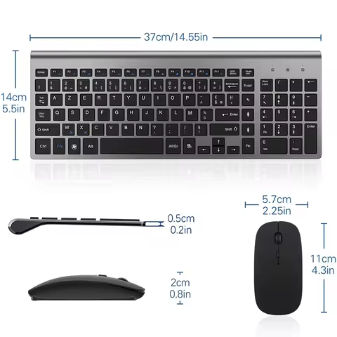 Wireless French Keyboard and Mouse Combo AZERTY Layout 2.4G USB Silent Ultra-Thin Compact Scissor for PC Laptop Desktop Windows