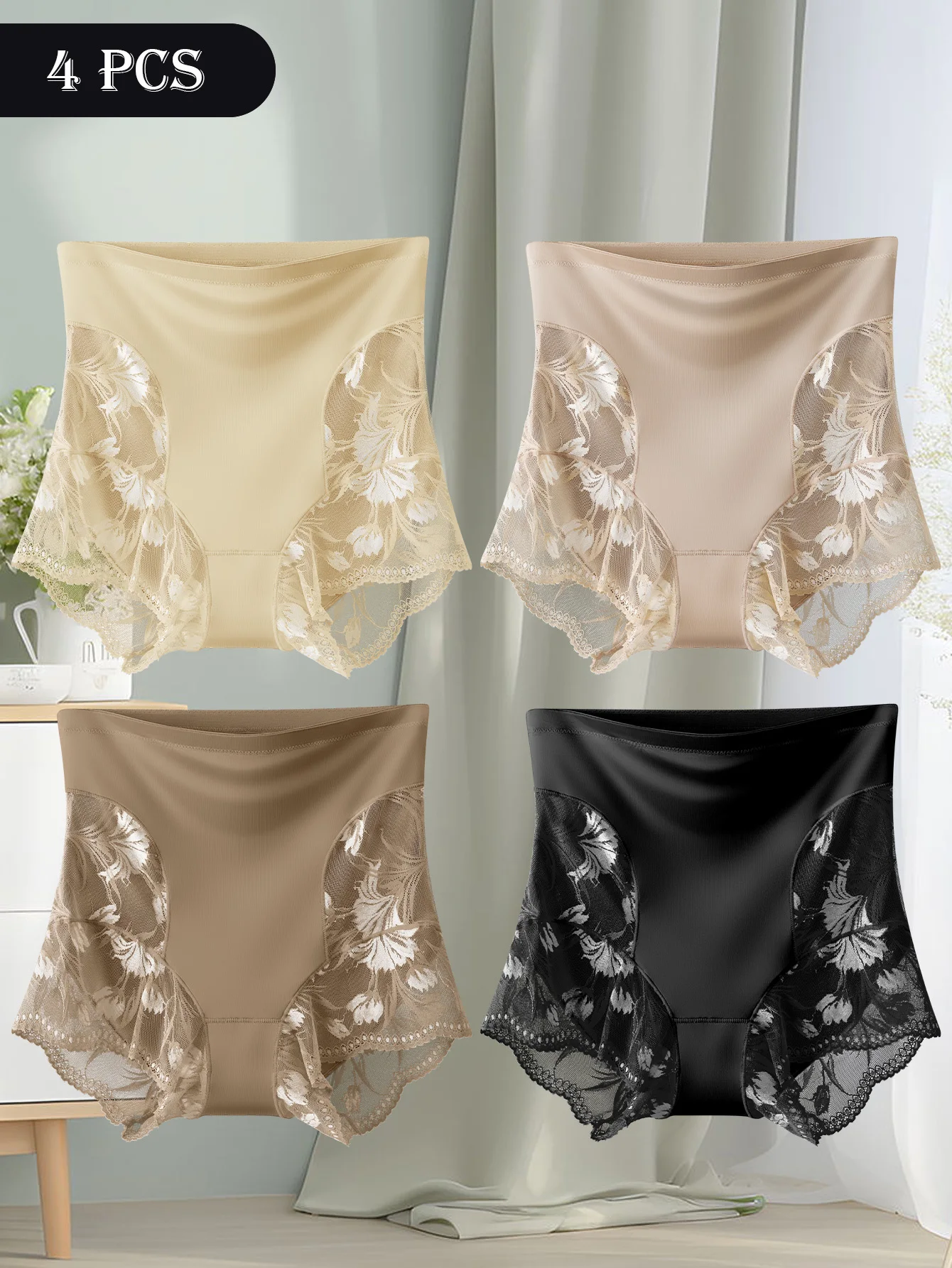4 Pack Mid Rise Lace Briefs For Women Tummy Control Stretchy Breathable Design Perfect For Daily Use Special Occasions