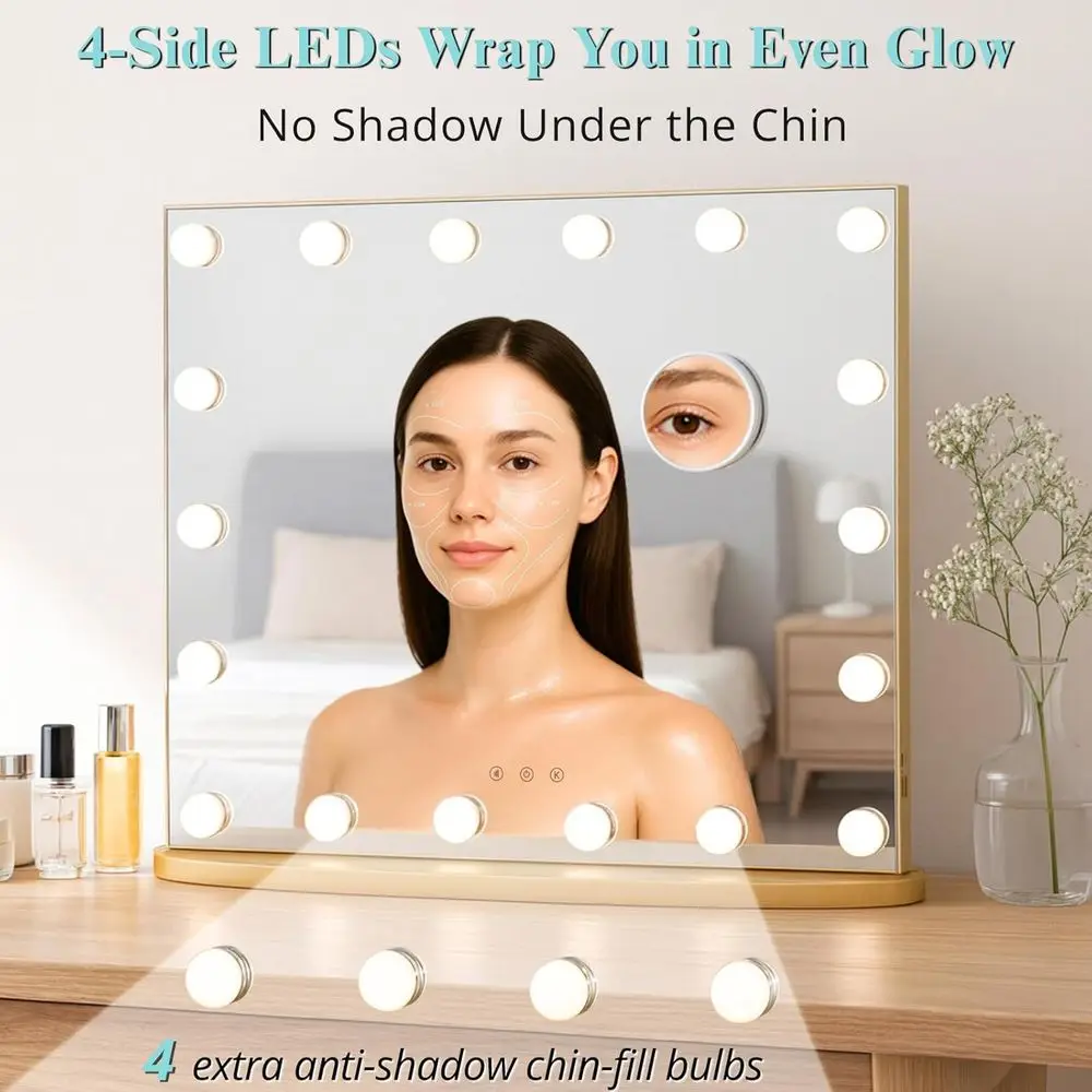 18-LED Hollywood make-upspiegel, 23,6 lang, 3-kleuren verlichting, tafelblad make-upspiegel voor slaapkamer