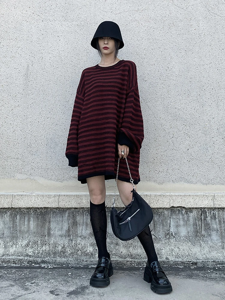 

Свободный женский свитер оверсайз с круглым вырезом, в полоску, в стиле колор-блок, для ранней осени, вязаный, для повседневной носки, с длинными рукавами