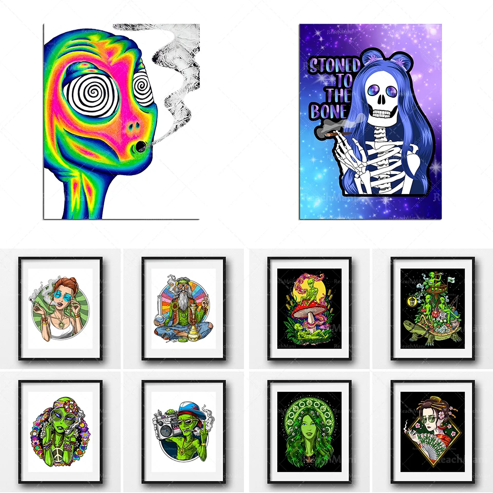 Weed pizza, panda, skull hippie, buddha skull, alien smoking weed hookah poster, hippie stoner decor, psychedelic pot smoker gif