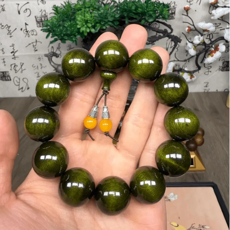 

Cat's Eye Single-Loop Bracelet for Men Women, Golden Nanmu Yellow and Green Material Buddhist Bead Cultural Bra