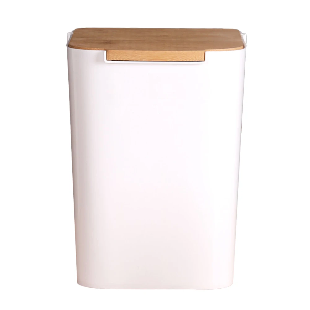 

Plastic Trash Can Wood Lid Square Container Press Type Garbage Bin Office Home PP Material Large Capacity Modern Style