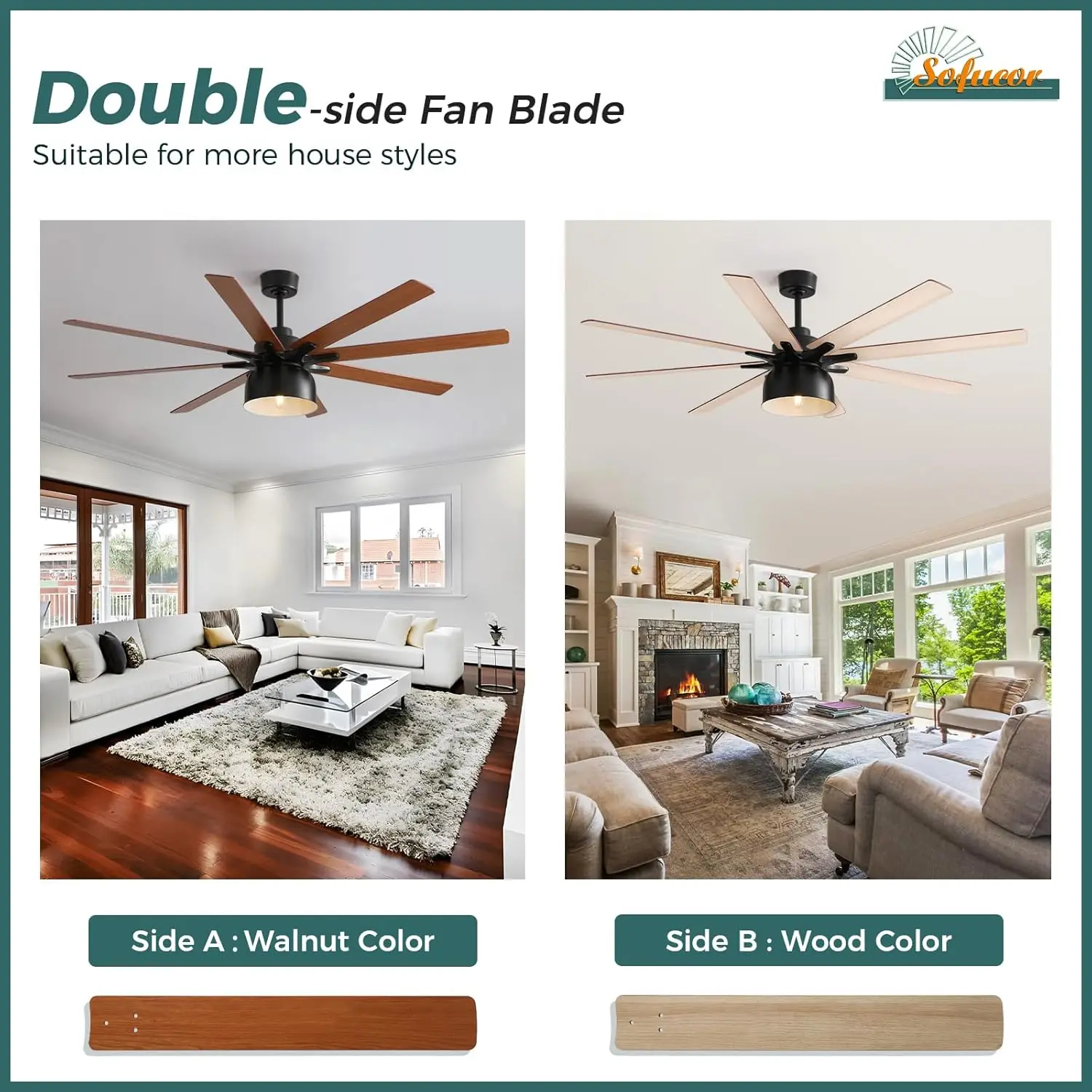 Sofucor 52 Inch Ceiling Fans With Lights, Indoor Outdoor Modern Wood Ceiling Fan With Remote, 6 Speeds, Reversible Dc Motor,