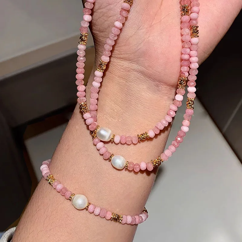 Recién llegado, conjunto de joyería femenina rellena de oro de 14 quilates con perlas naturales de agua dulce y cristal rosa a la moda para mujer, collar, pulsera, regalos