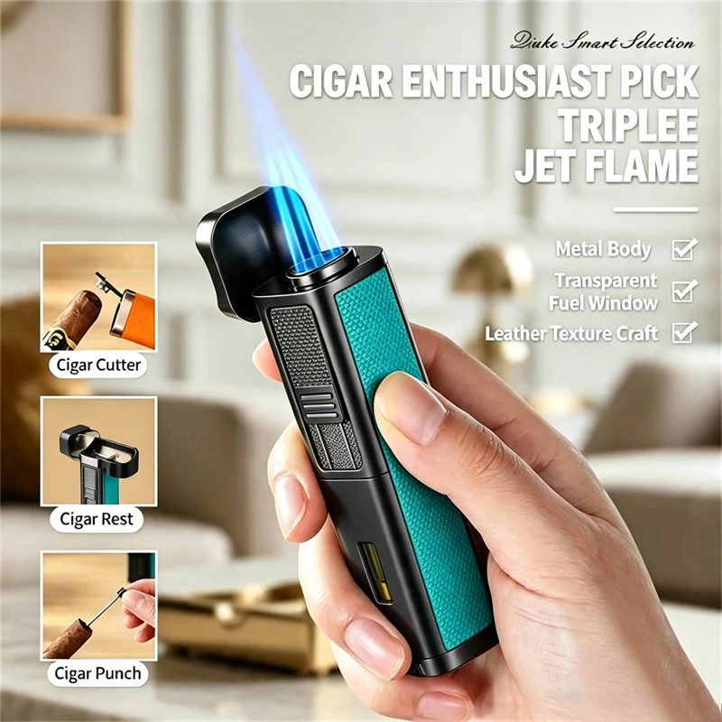 New Multifunctional Triple Jet Blue Flame Butane Lighter, High Power Refillable Cigar Igniter, Windproof Smoking Tool Men Gifts