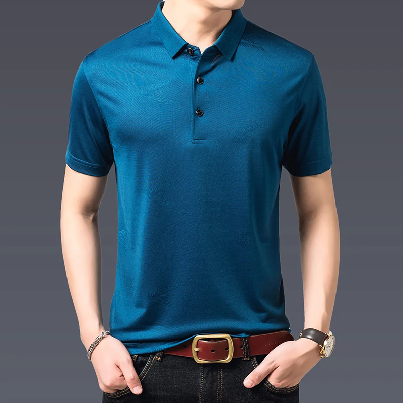 

2022 Mulberry Silk Jacquard Men's Polo Shirts Luxury Short Sleeve Solid Color Casual Thin Male T-shirts Simple Slim Man Tees