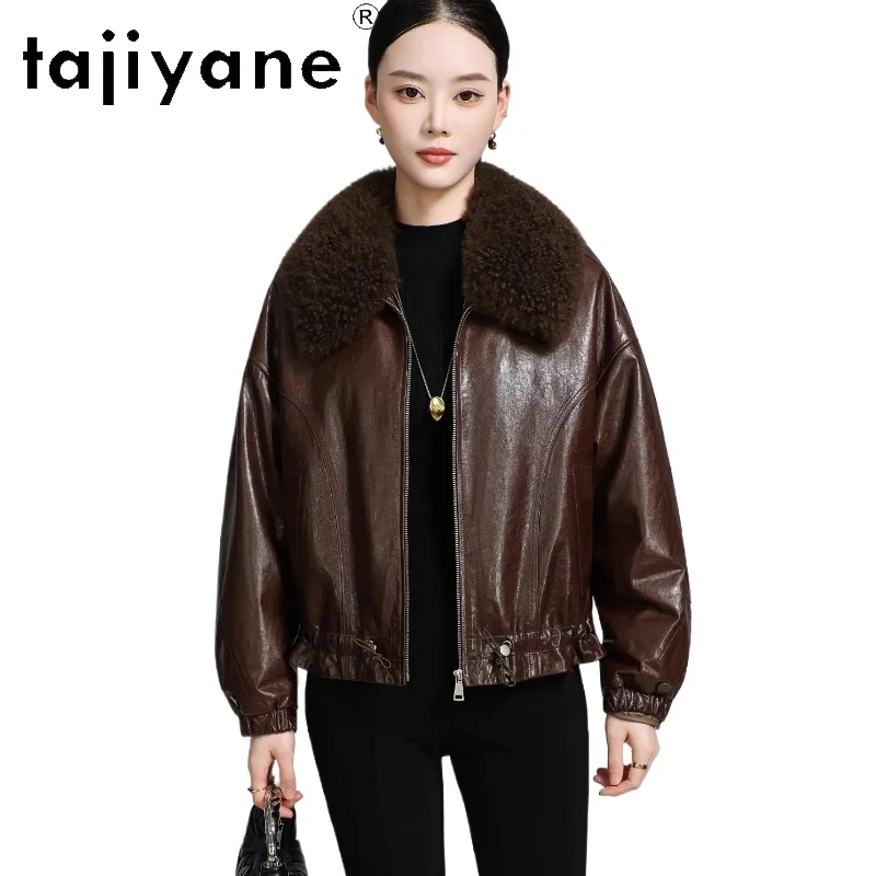 TAJIYANE 100 % echtes Schaffell, weiße Gänsedaunenjacken für Damen, kurze Pufferjacke aus echtem Leder mit Wollkragen, 2025 Winter