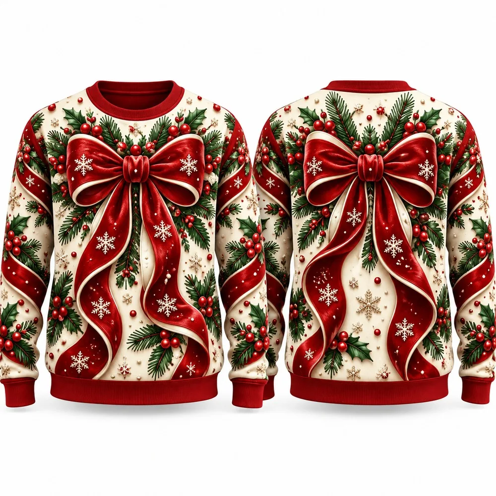 Coquette Bow Ugly Christmas Sweater for Men Women Festive Holiday Party Crewneck Pullover Long Sleeve Gift Cozy Sweaters