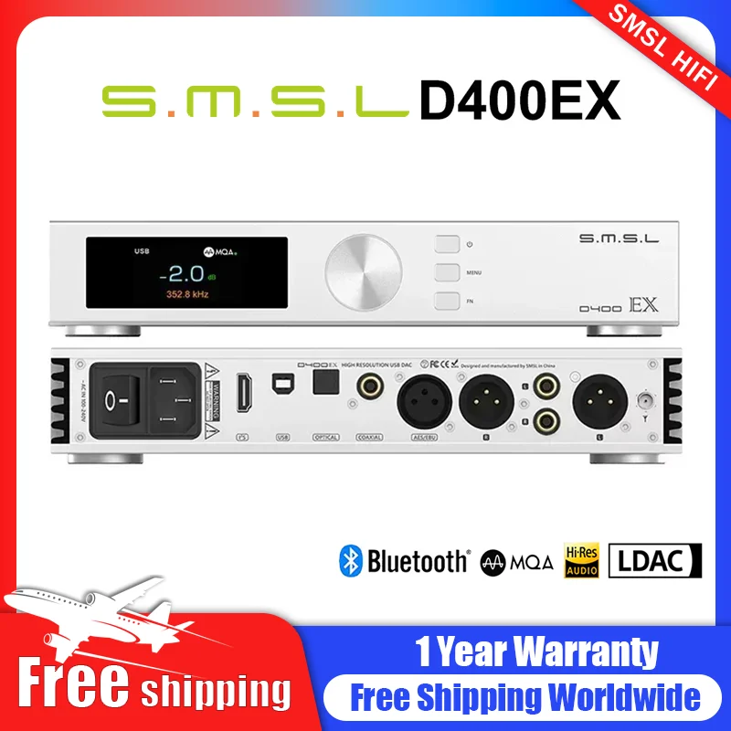 

SMSL D400EX Audio Decoder DAC 1*AK4191 2*AK4499EX DAC Chips OPA1612A LME49720 XMOS XU316 MQA-CD DSD512 32bit/768kHz Blutetooth