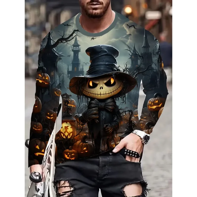 3D Print Casual Long Sleeve Men T Shirt Scarecrow Pumpkin Castle Halloween Party Gothic Top 2026 Fashion Streetwear Cool Gift