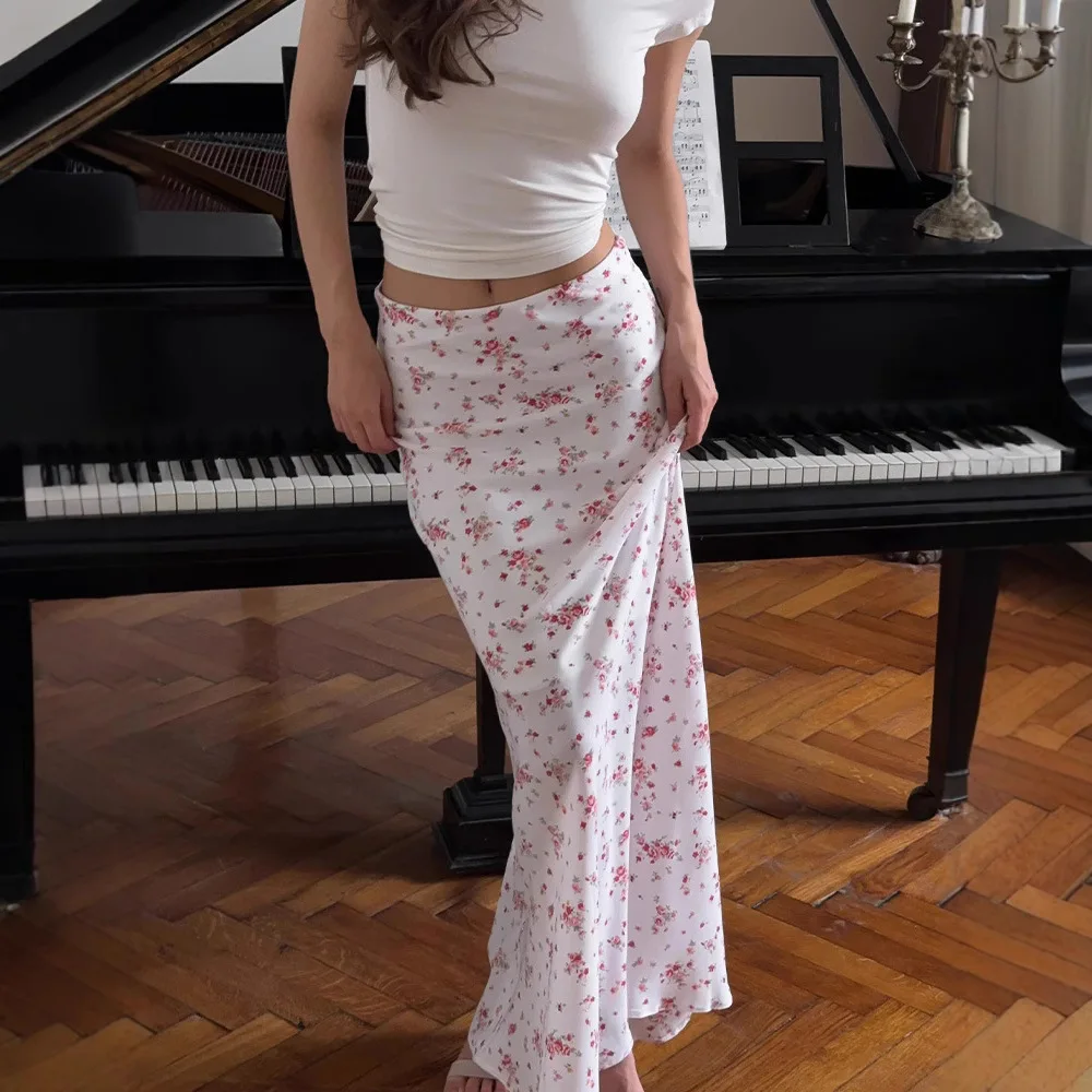

Summer Floral Print High Waist A Line Skirt Women Beach Vacation Slim Fit Soft Flowy Midi Skirt