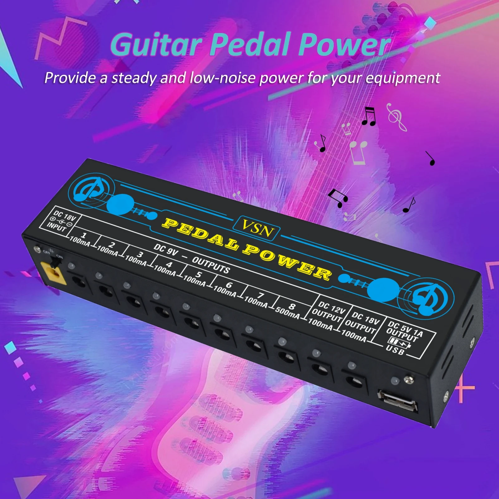 VSN Guitar Pedal Power Supply 10 Isolated DC Output 9V 12V 18V 100mA 500mA Effector Pedal Source Power USB Ports Charging Phone