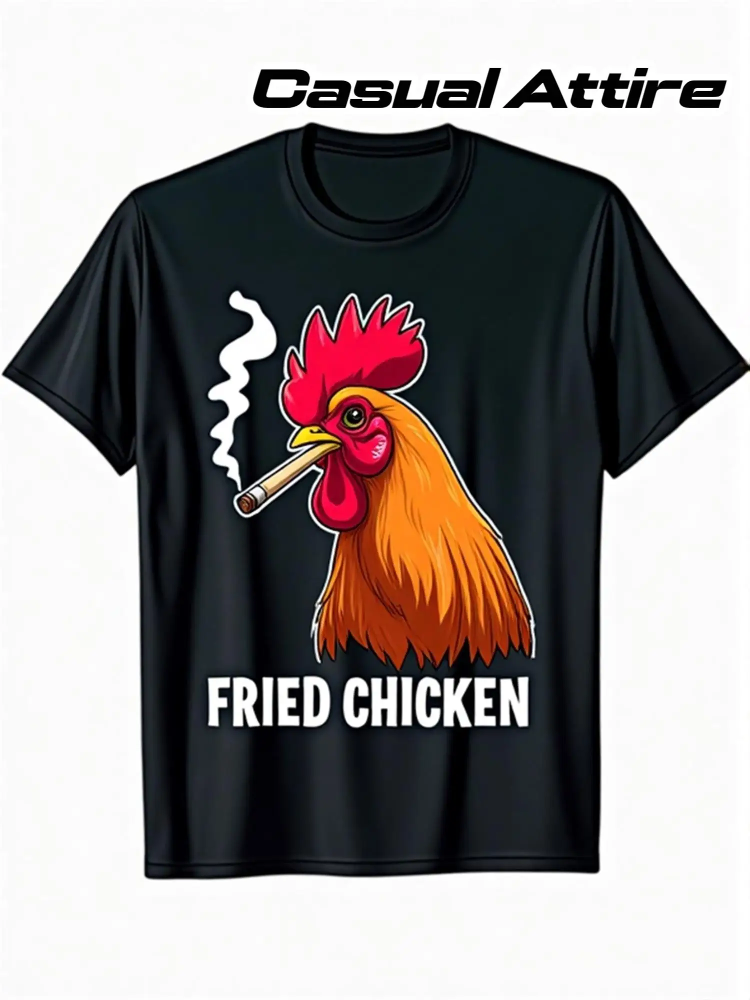 Funny Rooster Smoking Graphic T-Shirt - Black Novelty Fried Chicken Tee for Men - Lightweight SM Crewneck Shirt - Casual Humorous Apparel for Parties & Casual Attire, Party Outfit, Playful Style, Durable Construction, Statement Top, Men's Fashion
