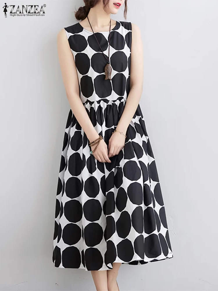 

ZANZEA Women Sleeveless Long Sundress Fashion Tank Dress 2024 Summer Dot Printed Round Neck Party Robe Casual Loose Korean Dress