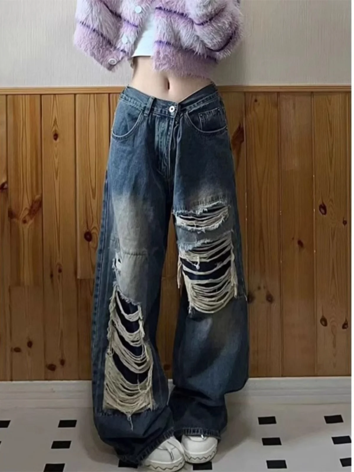 

American Sle Vintage Blue Hole Denim Jeans Loose Straight Leg Long Trousers for Men And Women Summer Casual Hip Hop