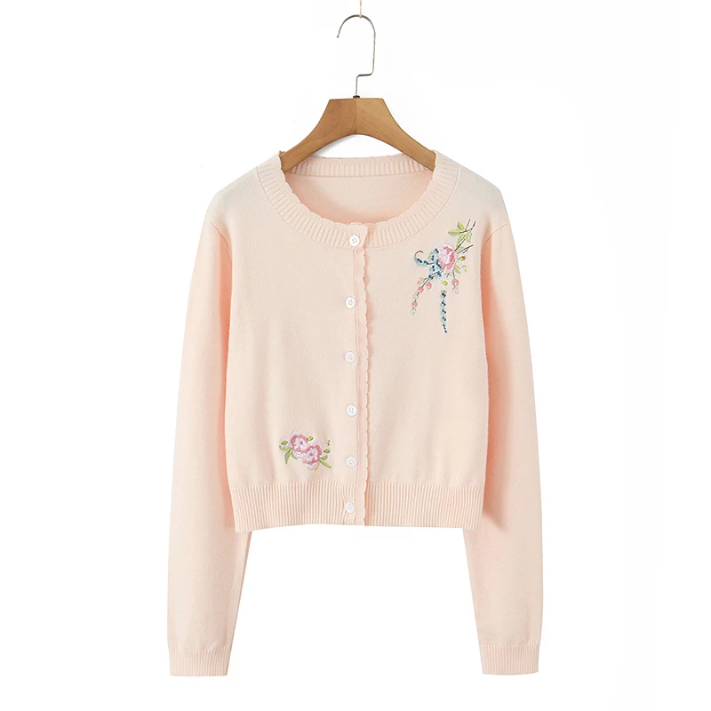 

YENKYE New Women Floral Embroidery Knit Cardigan Long Sleeve O Neck Causal Autumn Short Outerwear