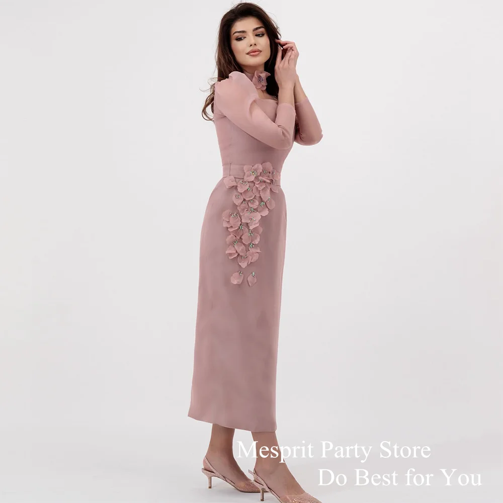 Powder Pink Evening Dress New Arrival Square Neck Full Sleeves Beading Flowers Ankle Length Cocktail Party Gown Prom Dresses