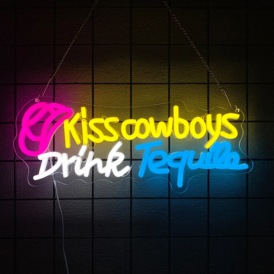 Kiss Cowboy Drink Tequila Led Neon Sign, With Colored Letter Icons Used For Artistic Decor Of Bars, Restaurants And Club Parties