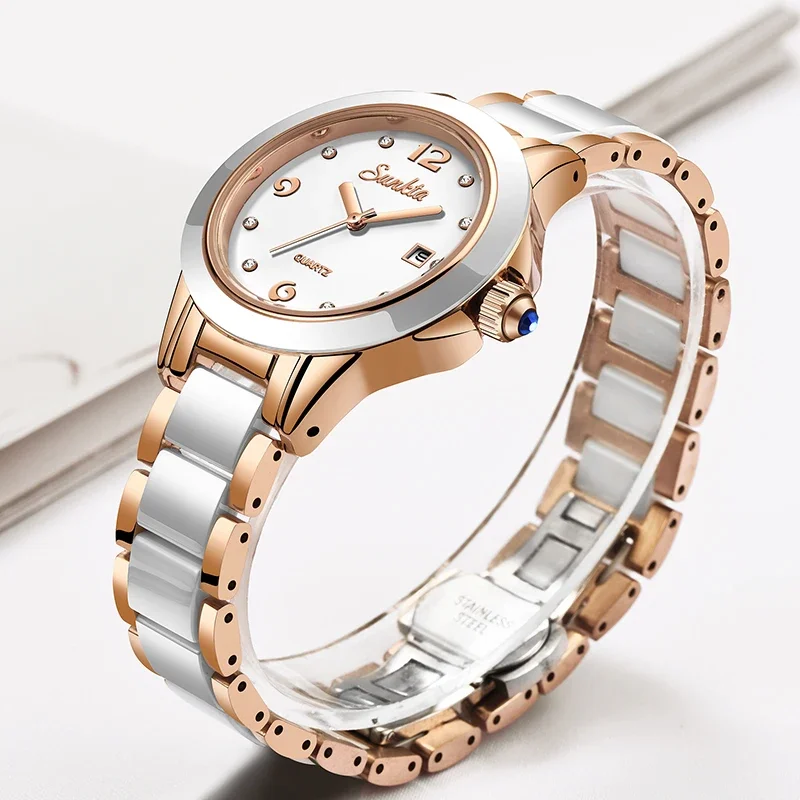 Sunkta Mode Lässig Quarz Frau Uhr Elegante Luxus Keramik Diamant Kalender Wasserdichte Damen frauen Uhren Montre Femme