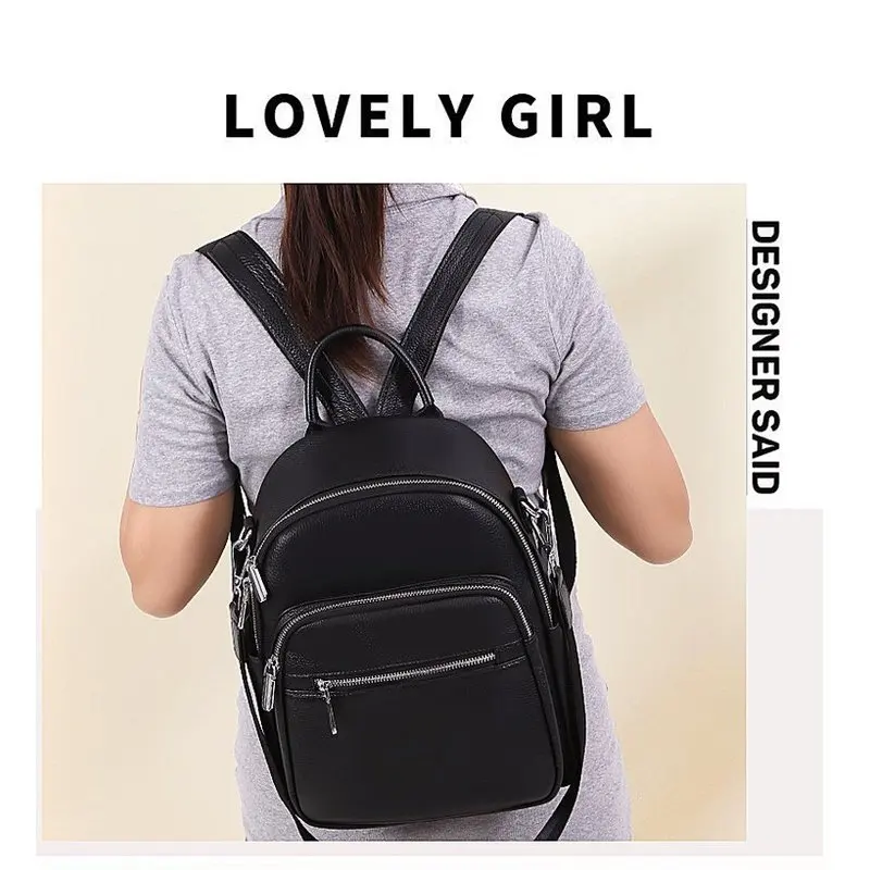 new Black Genuine Leather Backpack Purse for Women， girls Premium Cowhide School Bag， Small Anti-theft Daypack double zipper