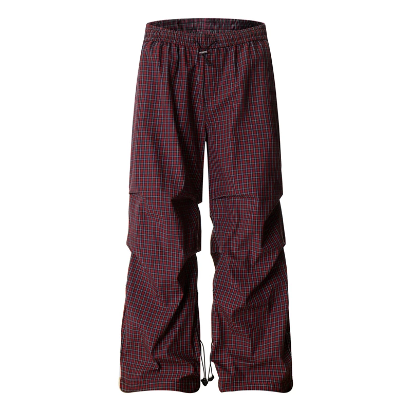 

GXFortune Американские ретро плиссированные брюки десантника в клетку Свободные широкие брюки длиной до пола и повседневные брюки