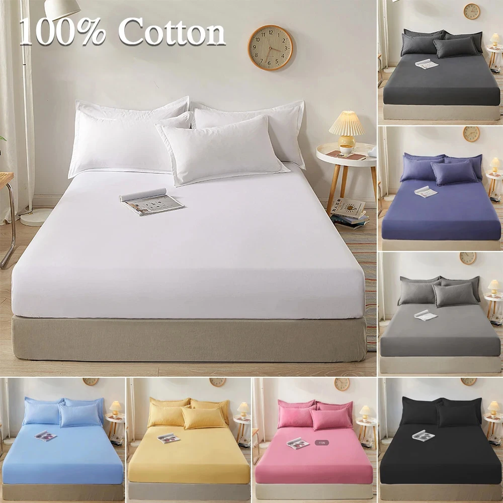 

100% Cotton Fitted Bed Sheet with Elastic Band Solid Color Anti-slip Adjustable Mattress Cover for Single Double King Queen Bed