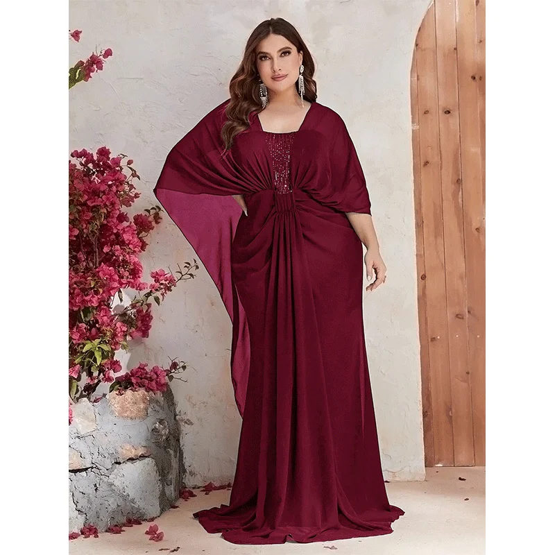 Plus Size Chiffon Elegant Shawl Shiny Long Ball Evening Gown 5XL 6XL Big Size Shawl Chiffon Apricot Sequin Evening Gown Women