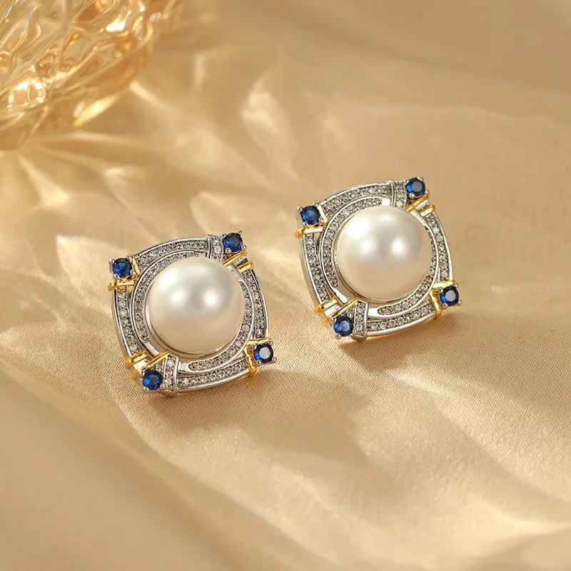 

New Retro Simple Stud Earrings High-brightness Bead Inlaid Zirconium Ear Earrings French Light Luxury Fashion High-end Heavy Ind