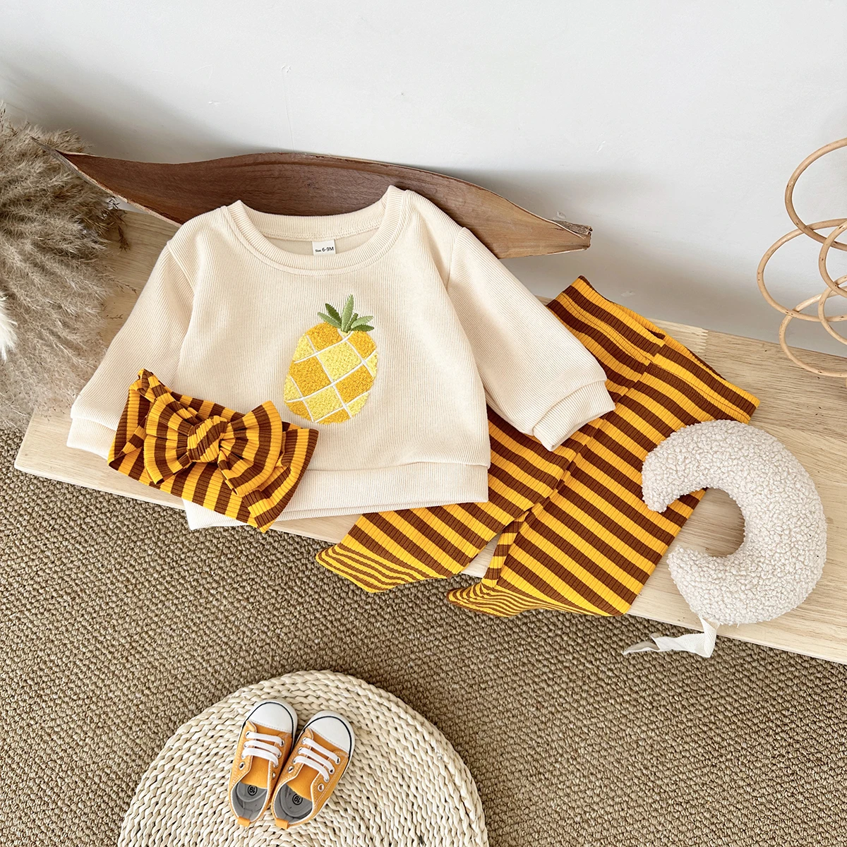 3PCS Children\'s Clothing Boy Autumn Baby Outfit Set Gir Suit Fruit Embroidery Tops+Pants Pure Cotton Striped Soft+Baby Hair Band