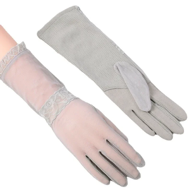 Солнцезащитные перчатки, противоскользящие кружевные перчатки из ледяного шелка, женские тонкие дизайнерские летние длинные перчатки с УФ-сенсорным экраном для вождения, версия средней длины