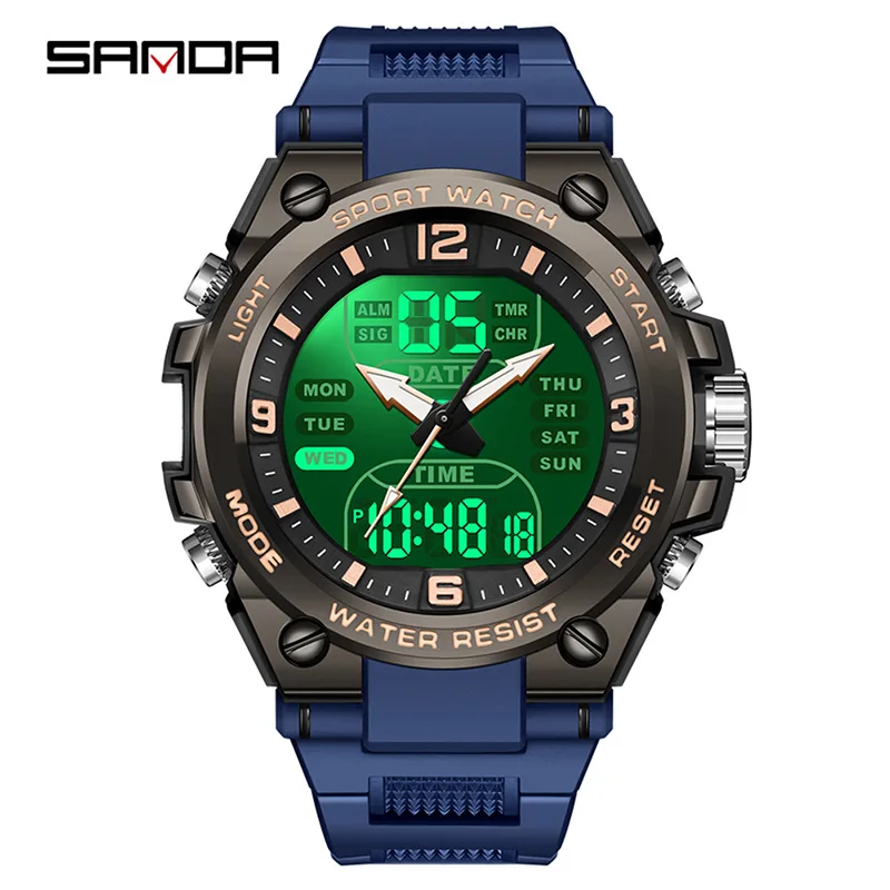 ساعة SANDA الرياضية الإلكترونية للرجال في الهواء الطلق مقاومة للماء وإضاءة ليلية وعرض مزدوج وتوقيت متعدد الوظائف وساعة إلكترونية للطلاب