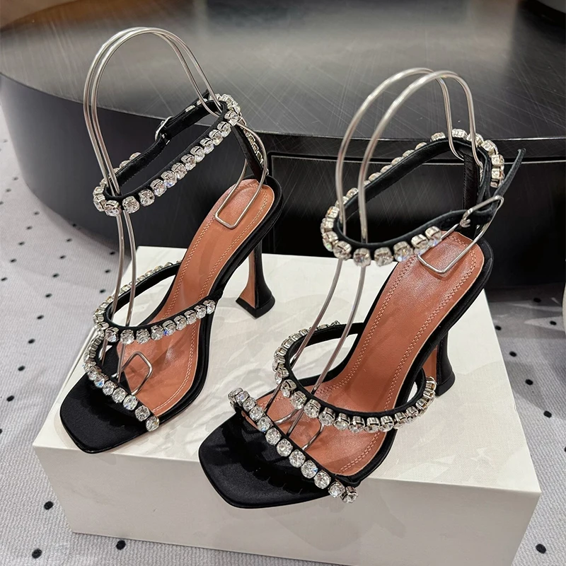 Runway Cup High-Heeled Silk Satin Sandals Women Shiny Rhinestone Decor Ankle Strap Gladiator Sandalias Summer Party Dress Shoes view 6
