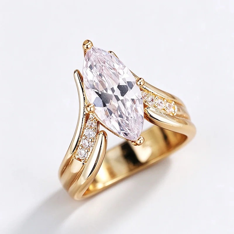 Marquise Cut Zircon Split Shank Ring for Women, Gold Plated Twist Band, Luxury Engagement Wedding Statement Jewelry Gift