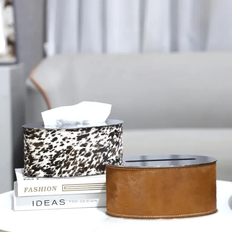 for European Light Luxury High End Stainless Steel Leather Horsehair Oval Tissue Box Decorative Ornament Living Room Home