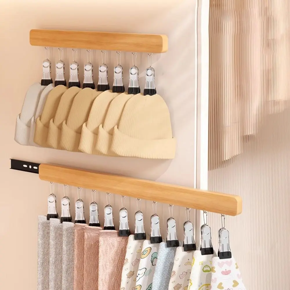 

Retractable Wall Mounted Hat Holder 8/12 Clips Punch Free Clothes Drying Rack Push-Pull Multifunctional Wooden Hats Hanger