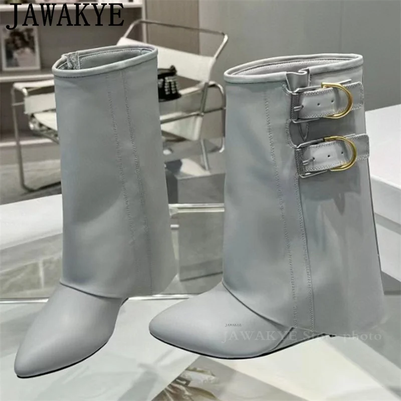 Real Leather Slope Heel Short Boots Pointy Toe Ankle Boots Women Buckle Designs Chelsea Boots Winter Fashion Week Boots Woman