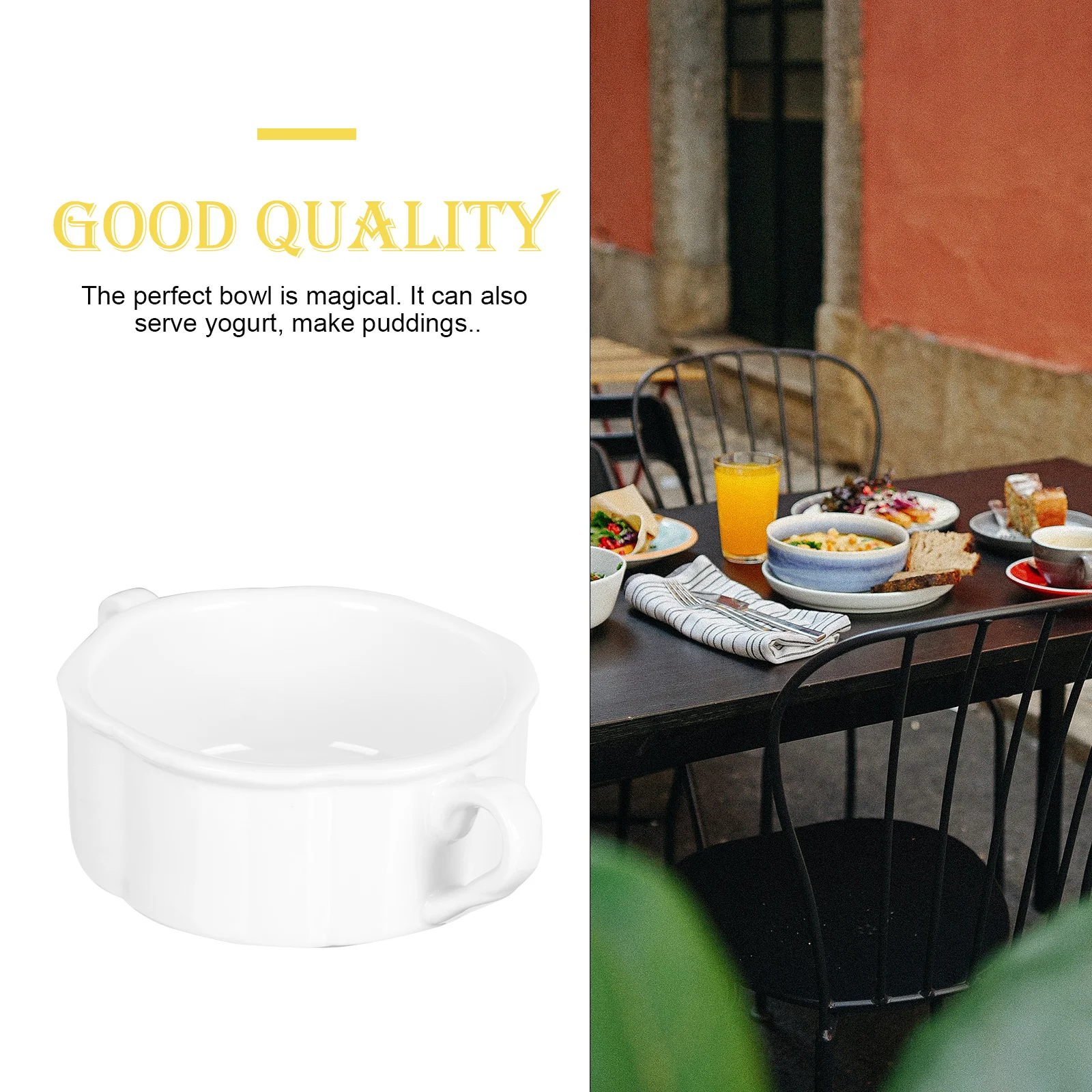 

1Pcs Double Handle Ceramic Salad Bowl Heat Resistant Kitchen Tableware White Double Handle Bowl Soup Cup