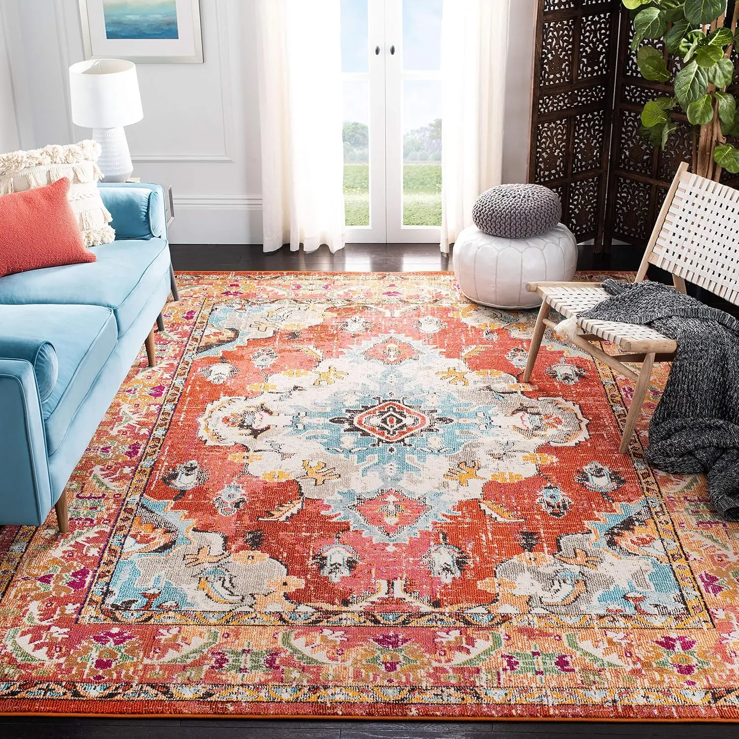 Area Rug - 9' x 12', Orange & Light Blue, Boho Chic Medallion Distressed Design, Non-Shedding & Easy