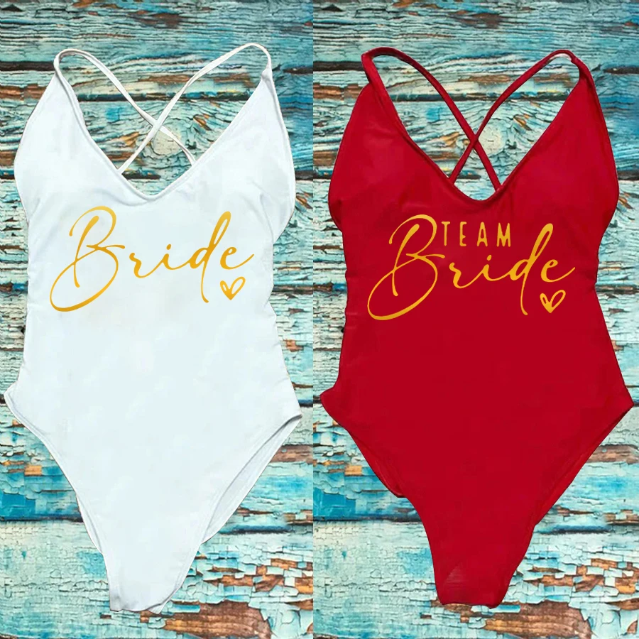 Team Bride ❤ Print Swimsuit Women Sexy Padded One Piece Bathing Suit Swimming Suit Bachelorette Party Swimwear Wedding Beachwear