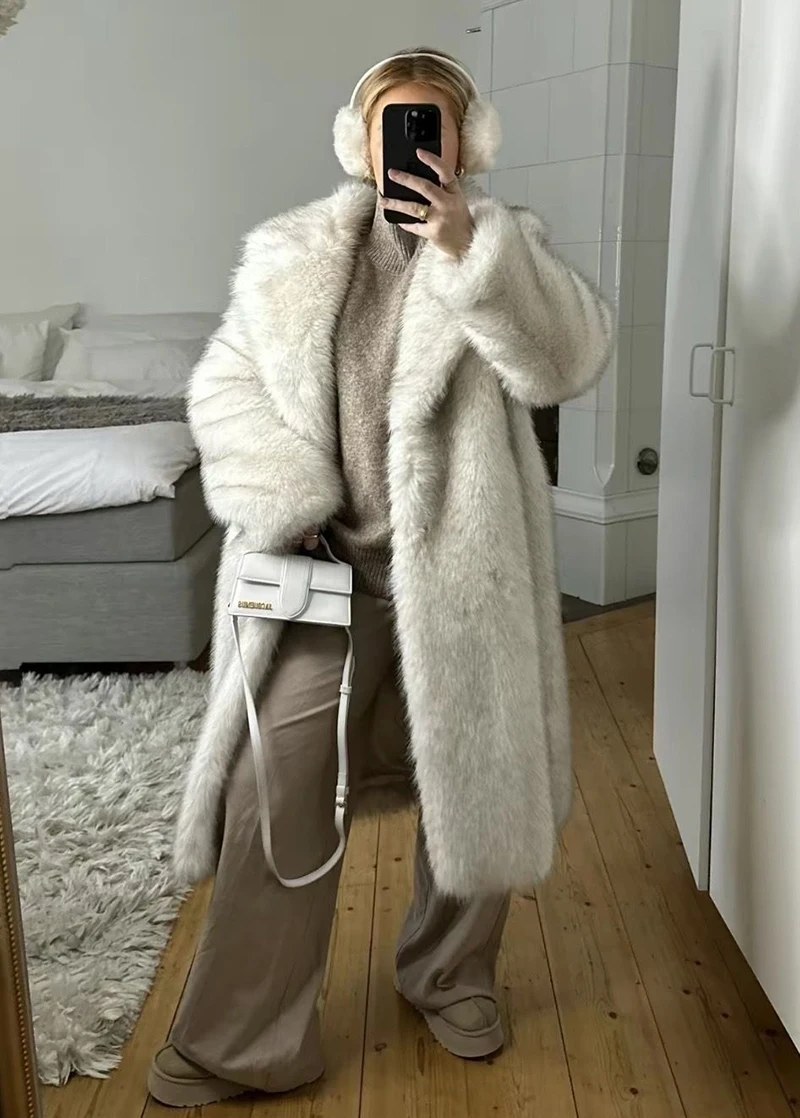 Neo Mint Slouchy Chic Gradient Long Eco Faux Fur Coat Women Winter Thick Warm Fluffy Fox Fur Jacket Brand Fashion Girls Overcoat