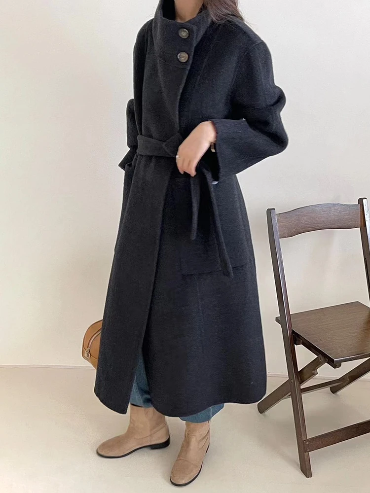 [LANMREM] Solid Color Stand Up Collar Double-sided Woolen Coat For Women Warm And Versatile Clothing Autumn Winter New 26C269