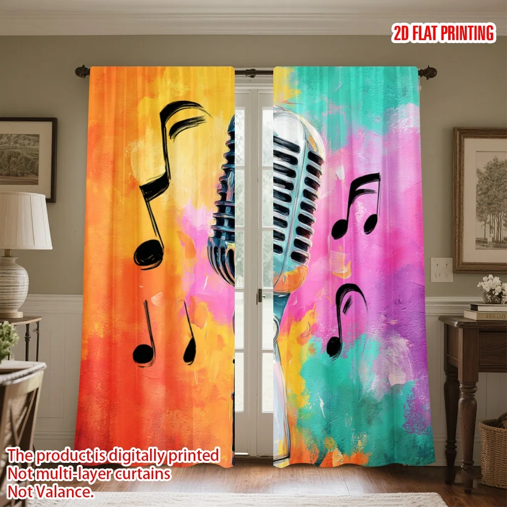 Music Note Curtains, Vintage Microphone Window Drapes, Colorful Art Decor, Blackout Fabric for Living Room Bedroom Studio Home