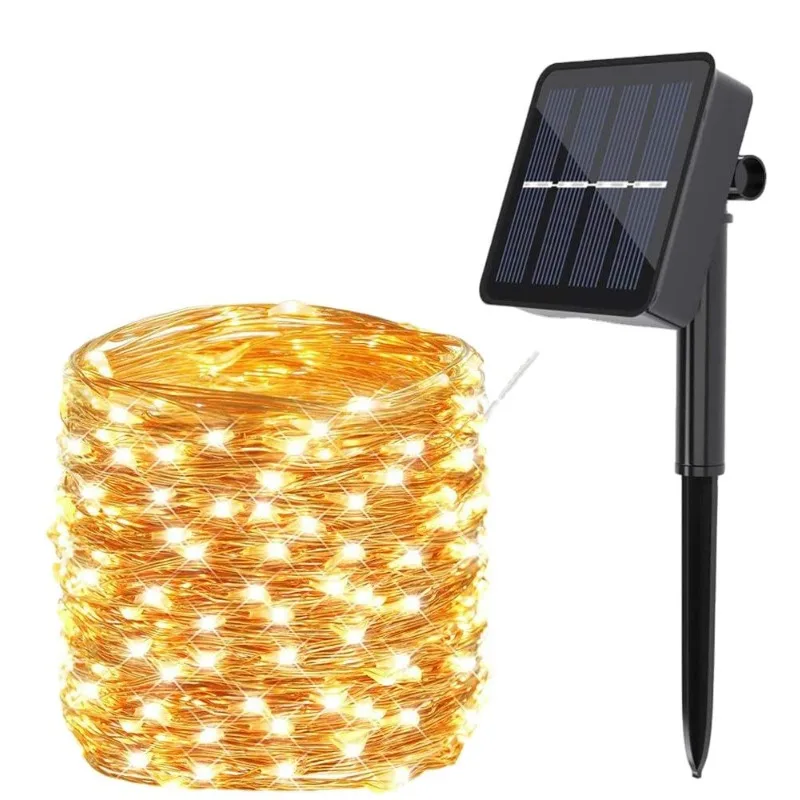 Guirxiété lumineuse solaire LED avec télécommande, fil de cuivre, jardin, fête de mariage, cour, décoration de Noël, extérieur, 5m, 12m, 22m, 32m