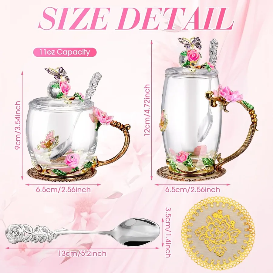 Nuanchu 4 Sets Flower Tea Cups with Lids Butterfly Vintage Glass Coffee Mugs with Spoon Fancy Clear Teacup Mother's Day Mom Wif